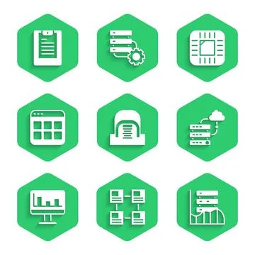 Set Hangar with servers, Hierarchy organogram chart, Server, Data, Web Hostin Stockillustratie