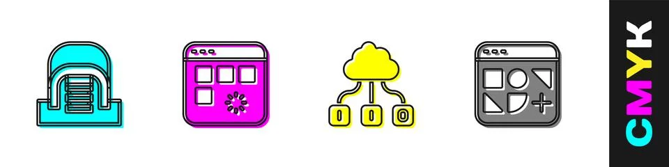 Set Hangar with servers, Loading data window, Cloud technology transfer and Stock Illustration
