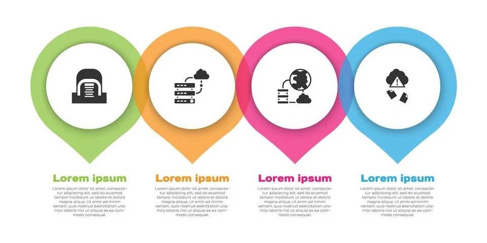 Set Hangar with servers, Network cloud connection, and Cloud hacking. Business Stock Illustration