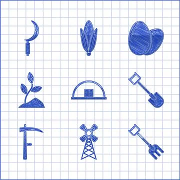 Set Hangar, Windmill, Garden rake, Shovel, Scythe, Sprout, Chicken egg and 스톡 일러스트