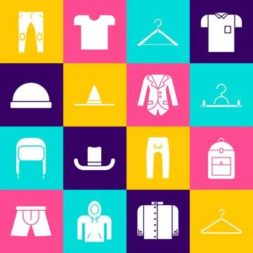 Set Hanger wardrobe, Backpack, Gardener worker hat, Beanie, Pants and Blaze.. Stock Illustration