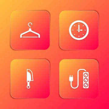 Set Hanger wardrobe, Clock, Knife and Electric extension icon. Vector Stock Illustration