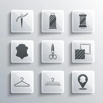 Set Hanger wardrobe, Leather, Textile fabric roll, Scissors, Needle with thread Stock Illustration