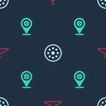 Set Hanger wardrobe, Sewing button and Location tailor shop on seamless pattern Stock Illustration