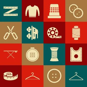 Set Hanger wardrobe, Sewing Pattern, thread on spool, Thimble for sewing Stock Illustration