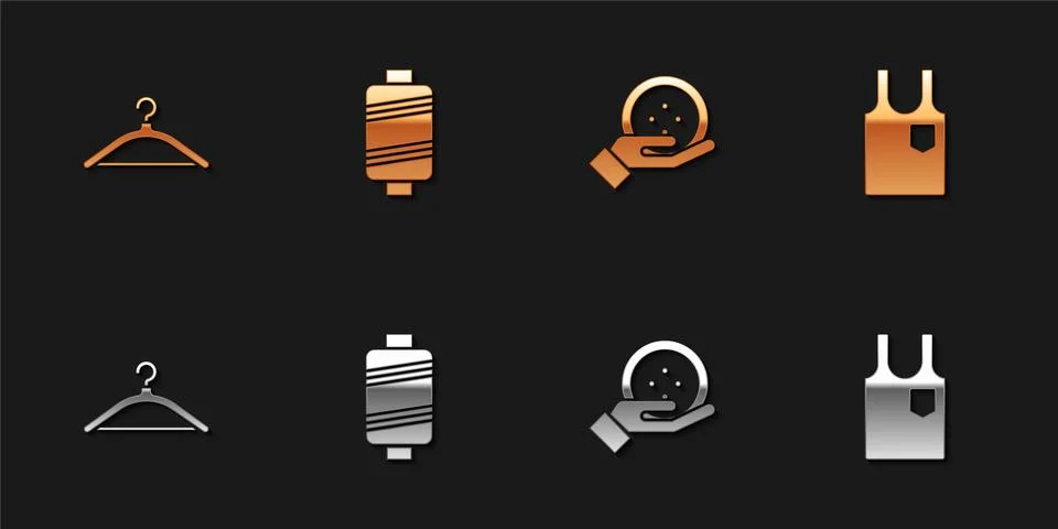 Set Hanger wardrobe, Sewing thread, button and Sleeveless T-shirt icon. Vector 스톡 일러스트