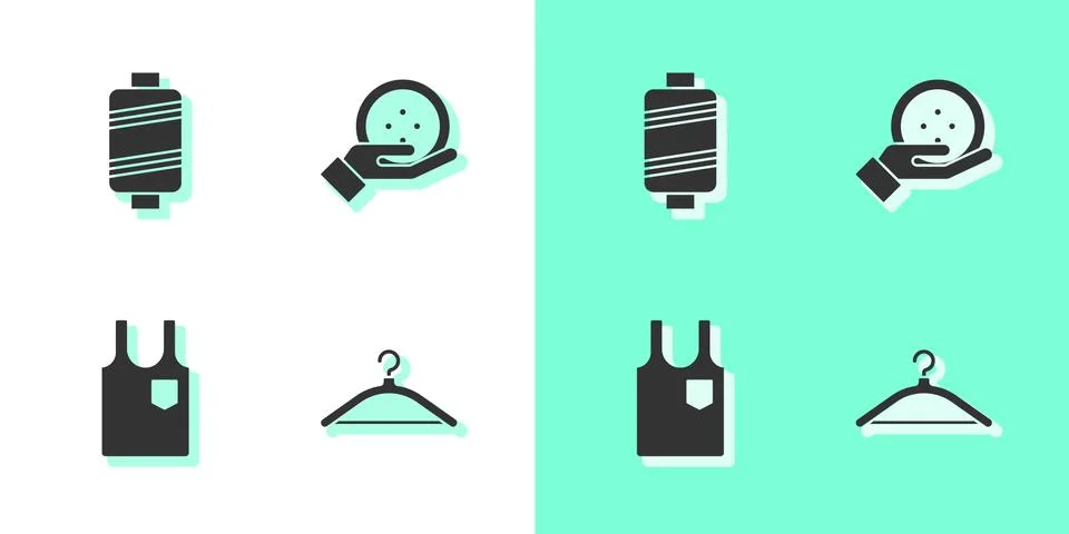 Set Hanger wardrobe, Sewing thread, Sleeveless T-shirt and button icon. Vector Stock Illustration