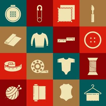 Set Hanger wardrobe, Sewing thread on spool, button for clothes, Textile fabric Stock Illustration