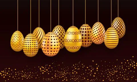 Set of hanging easter eggs on dark background with glittering confetti. Stock Illustration