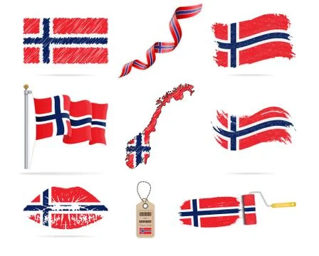 Set of hanging flags of Norway with different textures. Diversity shapes of the Stock Illustration
