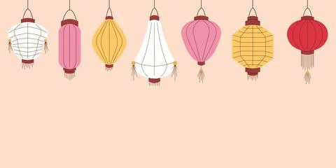 Set of hanging lantern in various shapes and colors in flat style. Traditional Stock Illustration