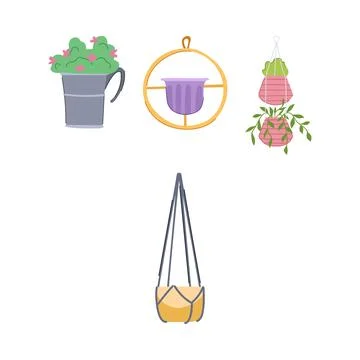 Set of hanging planters with various house plants Stock Illustration