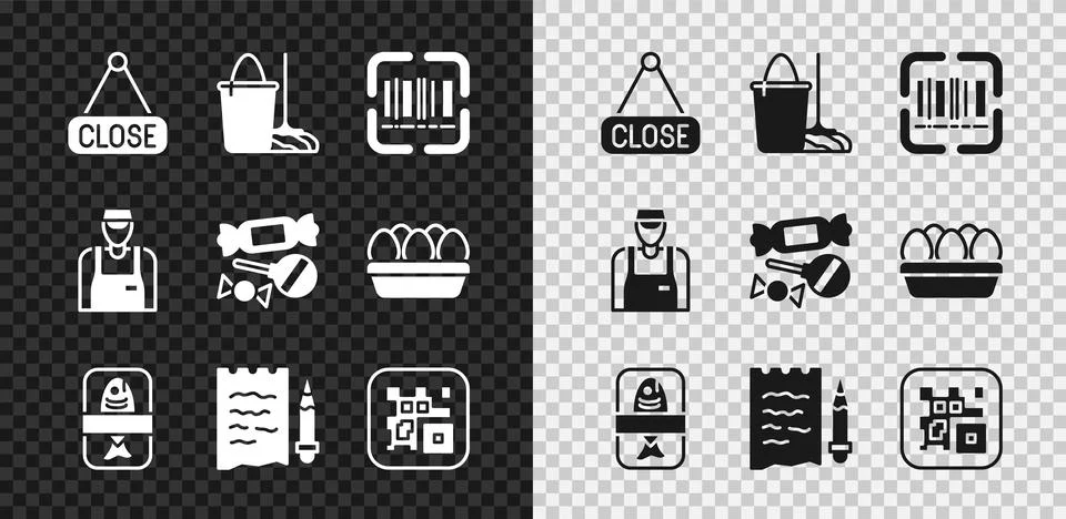 Set Hanging sign with Closed, Mop and bucket, Scanner scanning bar code, Fish Stock Illustration