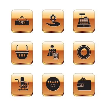 Set Hanging sign with Open, Consumer or customer product rating, Delivery man Stock Illustration