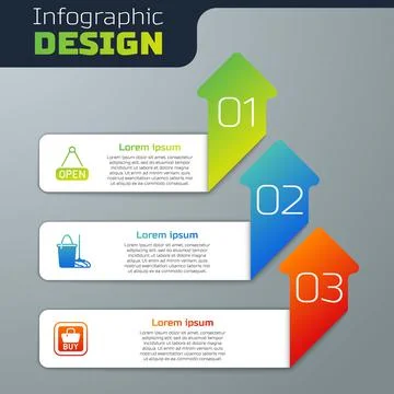 Set Hanging sign with Open, Mop and bucket and Buy button. Business infographic Stock-Illustration