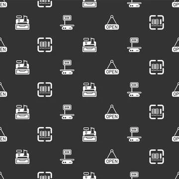 Set Hanging sign with Open, Scanner scanning bar code, Cash register machine and Stock Illustration