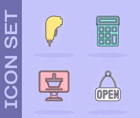 Set Hanging sign with Open, Scanner scanning bar code, Shopping cart on computer Stock Illustration