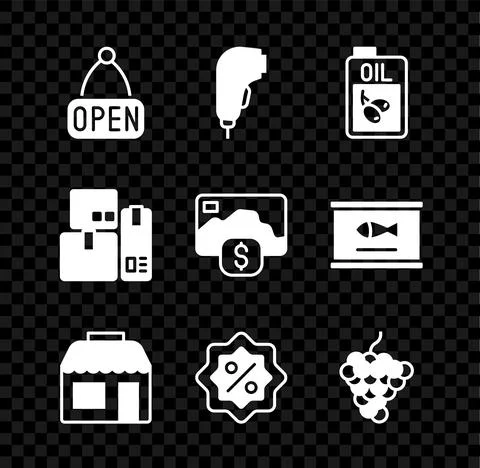Set Hanging sign with Open, Scanner scanning bar code, Bottle of olive oil イラスト素材
