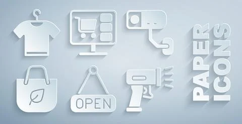 Set Hanging sign with Open, Security camera, Shopping bag recycle, Scanner .. イラスト素材