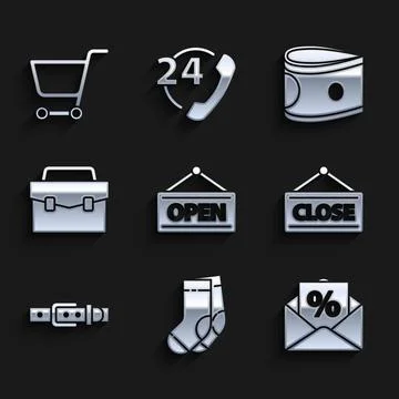 Set Hanging sign with Open, Socks, Envelope interest discount, Closed, Leat.. Stockillustratie