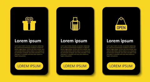 Set Hanging sign with text Open, POS terminal and Gift box. Business infographic Stock Illustration