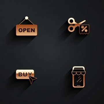 Set Hanging sign with text Open, Scissors cuts discount coupon, Buy button and Illustrazione stock