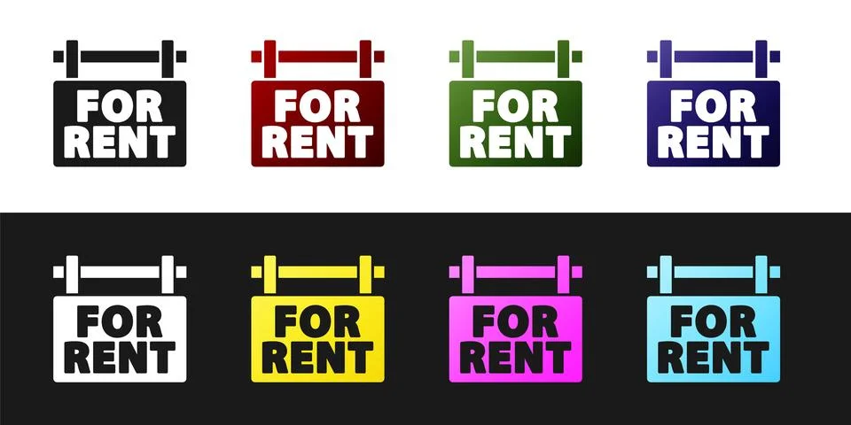 Set Hanging sign with text For Rent icon isolated on black and white backgrou Ilustración de archivo