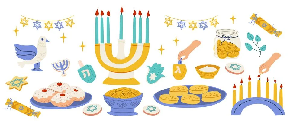 Set of Hanukkah celebration elements featuring a menorah, dreidels, candles Illustrazione stock