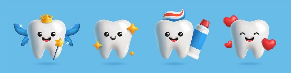 Set of happy 3D teeth. Cute dental characters with toothpaste, hearts and stars Stock Illustration