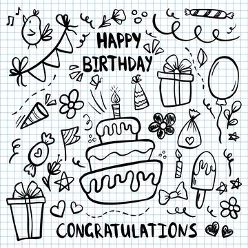 Set of Happy Birthday doodles elements . Hand drawn vector illustration. Sketch Stock Illustration