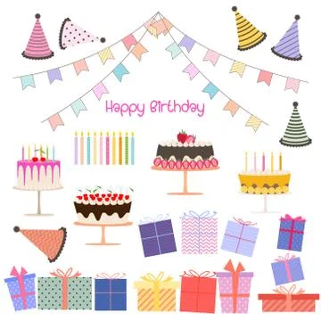 Set of happy birthday party elements. Vector illustration. Stock Illustration