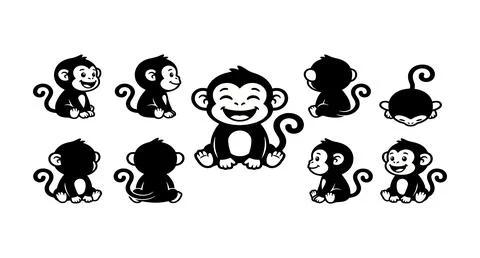 Set of happy black monkey character illustrations in multiple poses イラスト素材