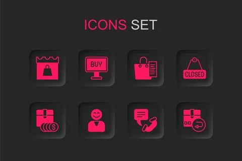 Set Happy customer, Buy button, Shopping day, Telephone 24 hours support, H.. Illustrazione stock