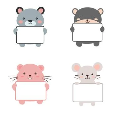 Set of Happy Cute Bear Hamster Mouse Animal Cartoon Character Holding Empty.. Stock Illustration