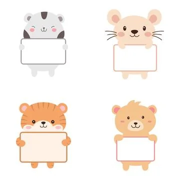 Set of Happy Cute Bear Mouse Hamster Tiger Animal Cartoon Character Holding.. Stock Illustration