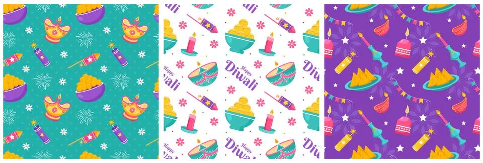 Set of Happy Diwali Seamless Pattern Illustration Design with Light Festiva.. Stockillustratie