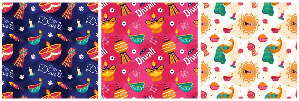 Set of Happy Diwali Seamless Pattern Illustration Design with Light Festiva.. Stockillustratie