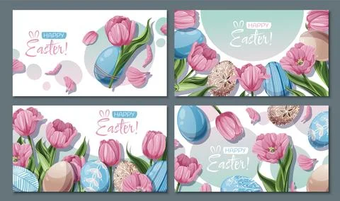 Set of Happy Easter Banners Design with Colorful Easter Eggs and Pink Tulips Stock Illustration