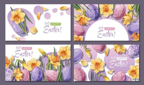Set of Happy Easter Banners Design with Colorful Easter Eggs and yellow Stock Illustration