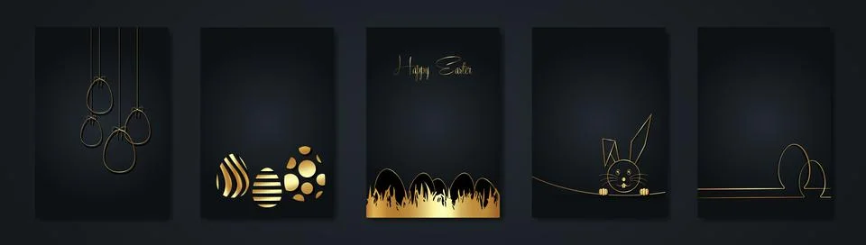 Set Happy Easter black cards, gold luxury style, golden Rabbit and Eggs Stock Illustration