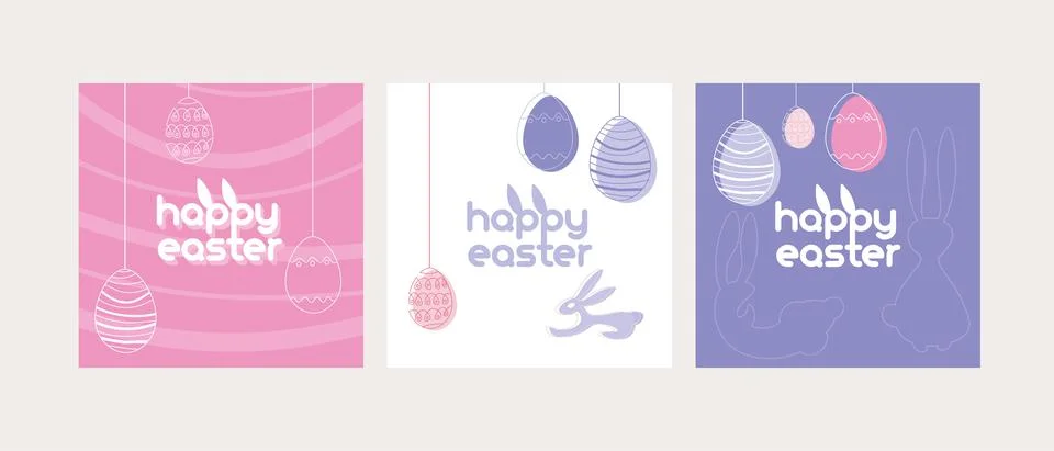 Set of happy easter cards with eggs and hares in flat style Stock Illustration