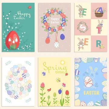 Set of Happy easter cards. Festive decoration with spring elements, eggs and Stockillustratie