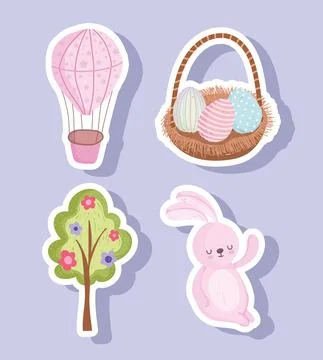 Set happy easter cute rabbit egg basket tree flowers and air balloon 스톡 일러스트