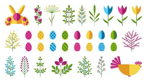Set of Happy Easter design elements - painted eggs, chicken, rabbit, tulip, f Stock Illustration