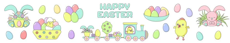 Set of Happy Easter design elements - painted eggs, chicken, rabbit, train, f Illustrazione stock