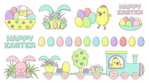 Set of Happy Easter design elements - chicken, rabbit, train, painted eggs, f Illustrazione stock