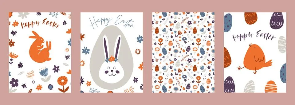 Set of Happy Easter greeting cards. Hand drawn colorful plants, bunny, chicken Stock Illustration