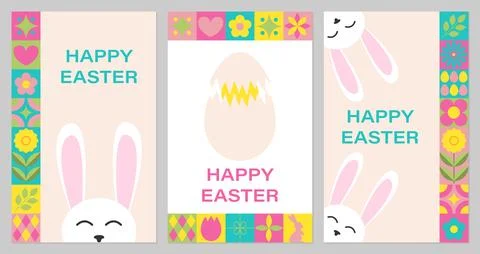 Set Happy Easter greeting cards with Groovy cute Bunny in trendy Geometric .. 스톡 일러스트