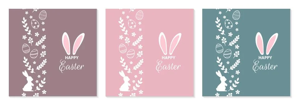 Set of Happy Easter greeting cards with bunny, Easter eggs and floral decor.. イラスト素材