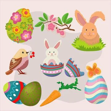 Set of happy easter holiday with elements of eggs, fun rabbits, bird, flowers Stock Illustration